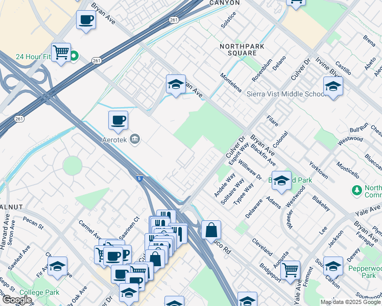map of restaurants, bars, coffee shops, grocery stores, and more near 4133 El Camino Real in Irvine
