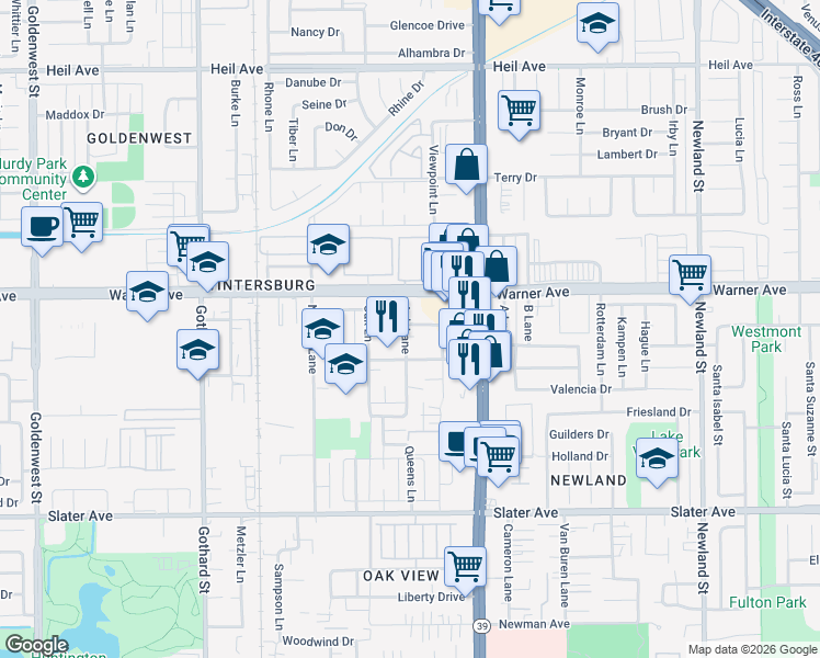map of restaurants, bars, coffee shops, grocery stores, and more near 17108 Ash Lane in Huntington Beach