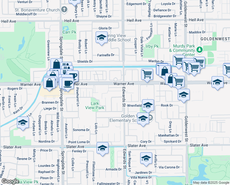 map of restaurants, bars, coffee shops, grocery stores, and more near 6371 Meadow Crest Drive in Huntington Beach
