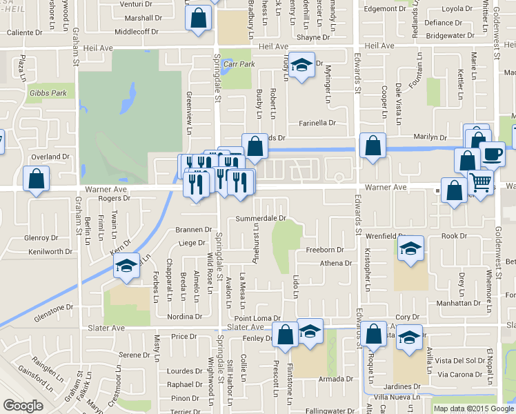 map of restaurants, bars, coffee shops, grocery stores, and more near 17092 Pinehurst Lane in Huntington Beach
