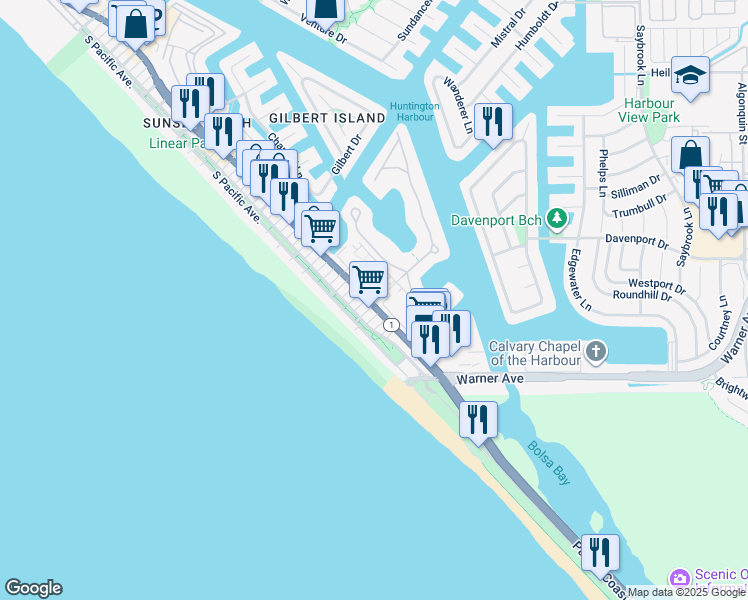 map of restaurants, bars, coffee shops, grocery stores, and more near in Huntington Beach