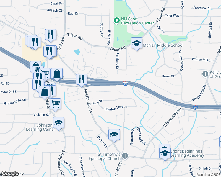 map of restaurants, bars, coffee shops, grocery stores, and more near 2180 Rexford Drive in Decatur