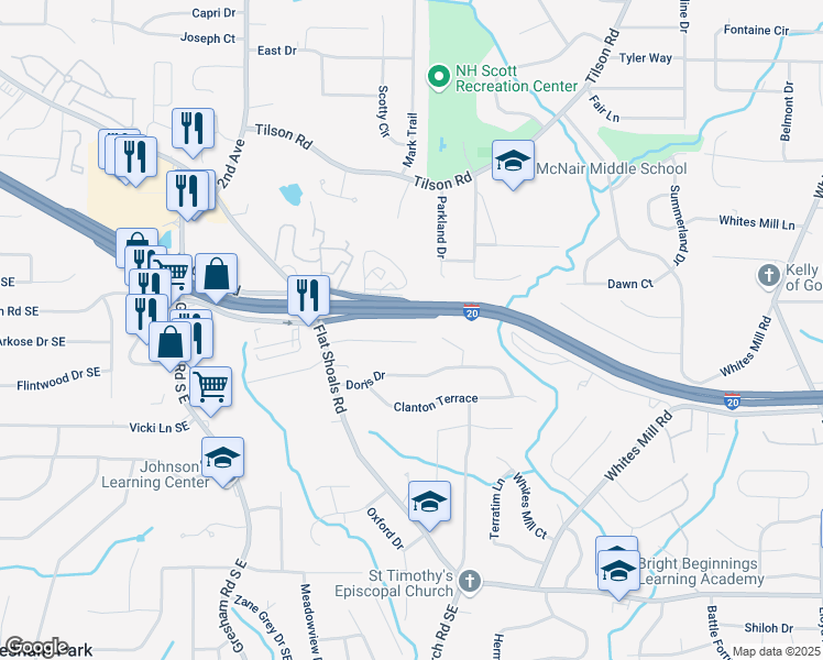 map of restaurants, bars, coffee shops, grocery stores, and more near 2174 Rexford Drive in Decatur