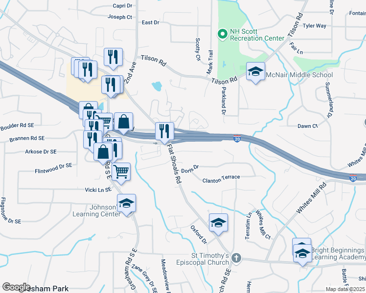 map of restaurants, bars, coffee shops, grocery stores, and more near 2100 Rexford Drive in Decatur