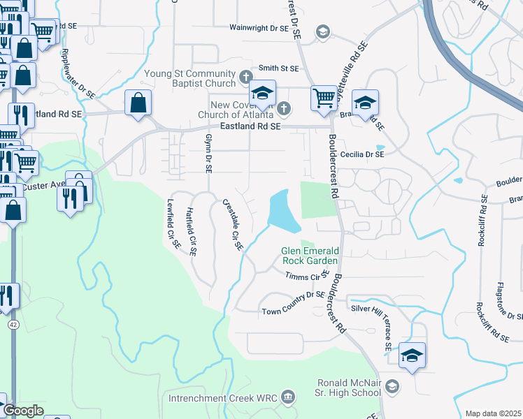 map of restaurants, bars, coffee shops, grocery stores, and more near 2548 Lakeview East Trail Southeast in Atlanta