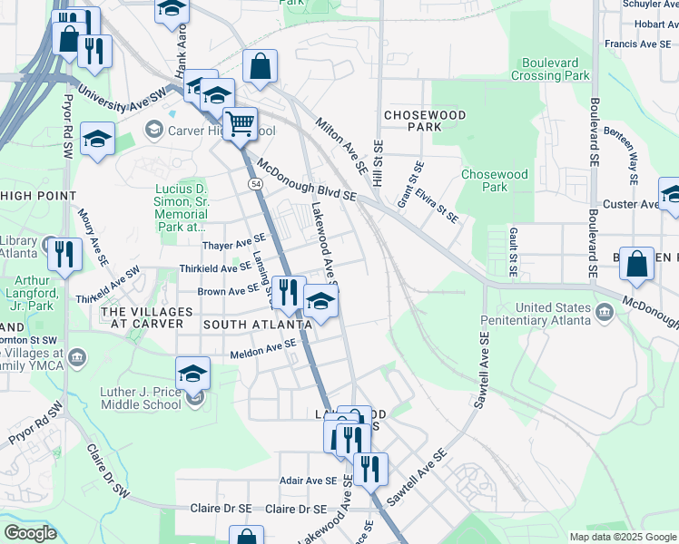 map of restaurants, bars, coffee shops, grocery stores, and more near 1466 Lakewood Avenue Southeast in Atlanta