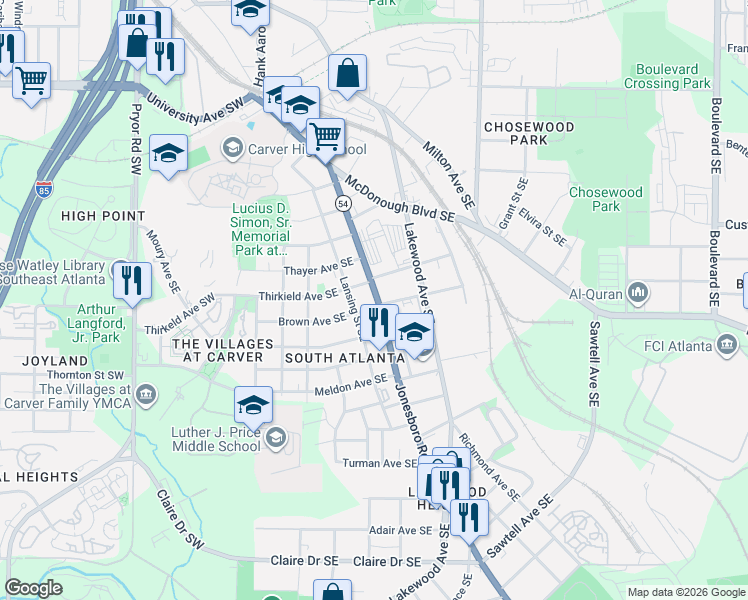 map of restaurants, bars, coffee shops, grocery stores, and more near in Atlanta