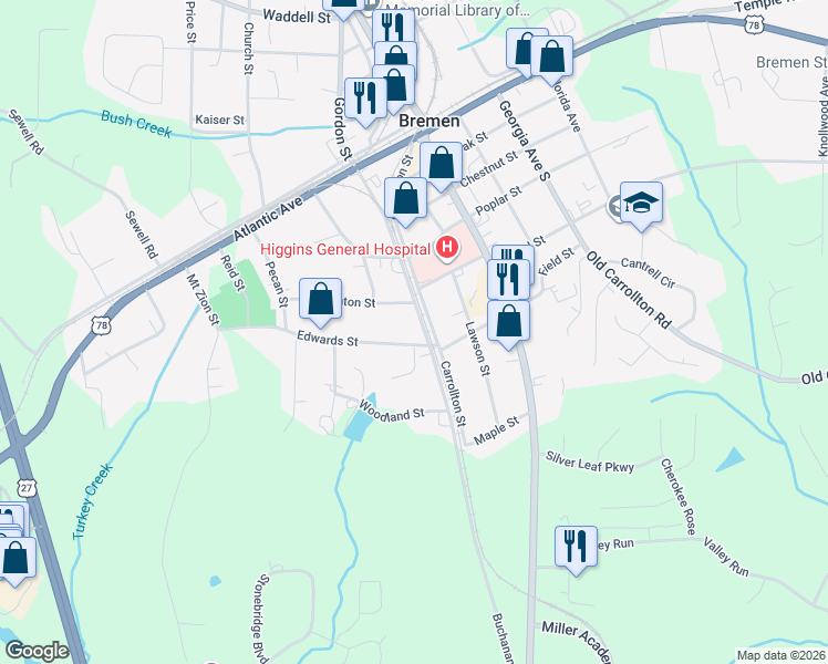 map of restaurants, bars, coffee shops, grocery stores, and more near 511 Buchanan Street in Bremen