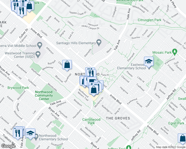 map of restaurants, bars, coffee shops, grocery stores, and more near 343 Streamwood in Irvine