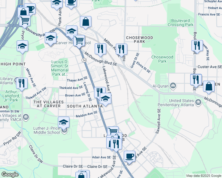 map of restaurants, bars, coffee shops, grocery stores, and more near 1466 Lakewood Avenue Southeast in Atlanta