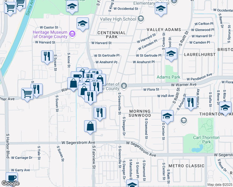 map of restaurants, bars, coffee shops, grocery stores, and more near 2612 West Northwood in Santa Ana