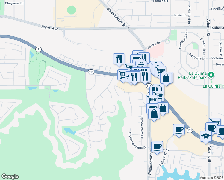 map of restaurants, bars, coffee shops, grocery stores, and more near 78275 Monte Sereno Circle in Indian Wells