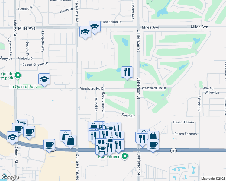 map of restaurants, bars, coffee shops, grocery stores, and more near 79820 Horseshoe Road in La Quinta