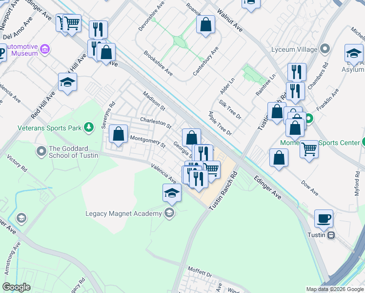 map of restaurants, bars, coffee shops, grocery stores, and more near 1429 Georgia Street in Tustin