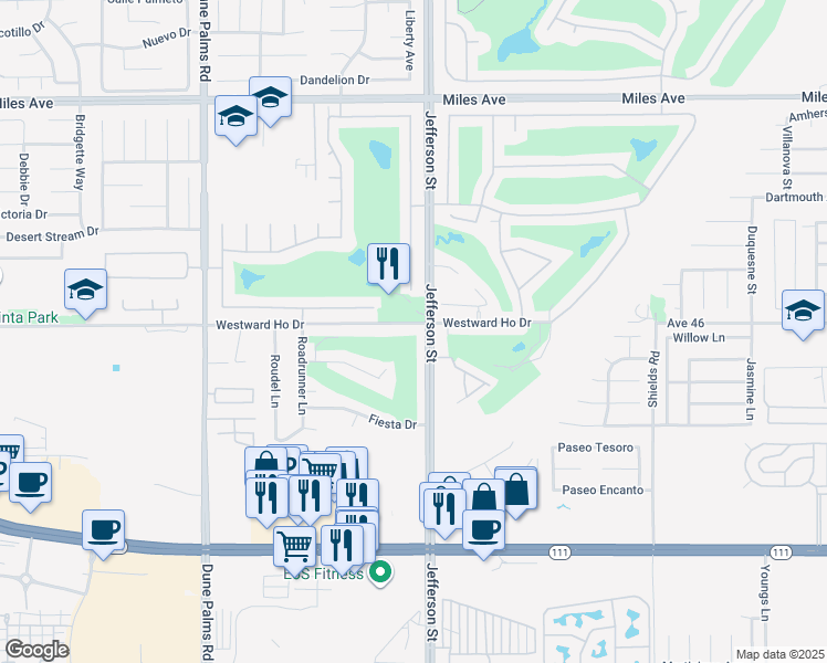 map of restaurants, bars, coffee shops, grocery stores, and more near 79975 Westward Ho Drive in La Quinta