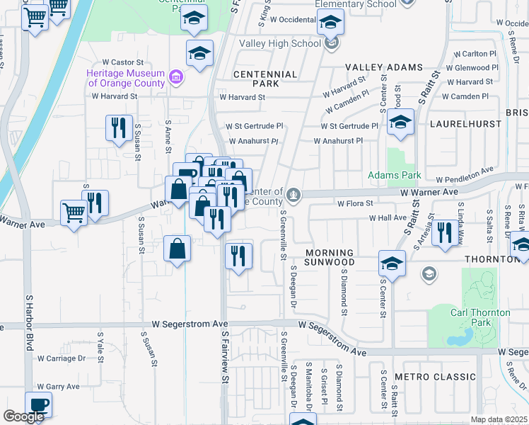 map of restaurants, bars, coffee shops, grocery stores, and more near 2612 West Northwood in Santa Ana