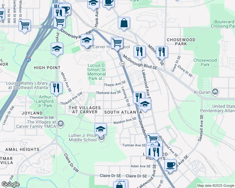map of restaurants, bars, coffee shops, grocery stores, and more near 86 Brown Avenue Southeast in Atlanta