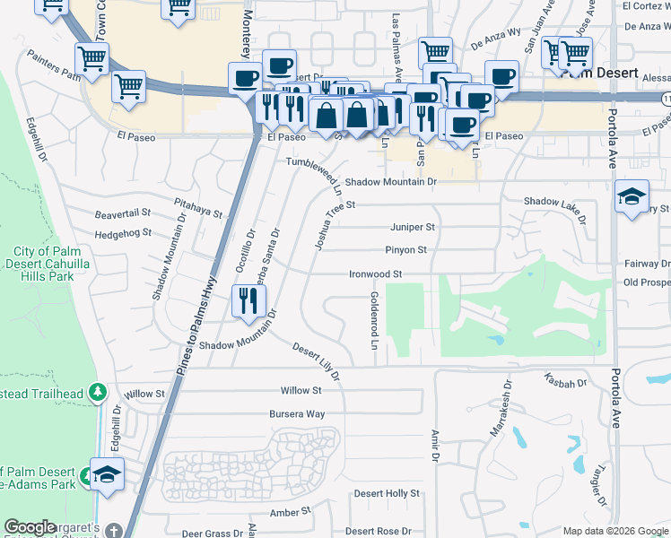 map of restaurants, bars, coffee shops, grocery stores, and more near 73250 Ironwood Street in Palm Desert