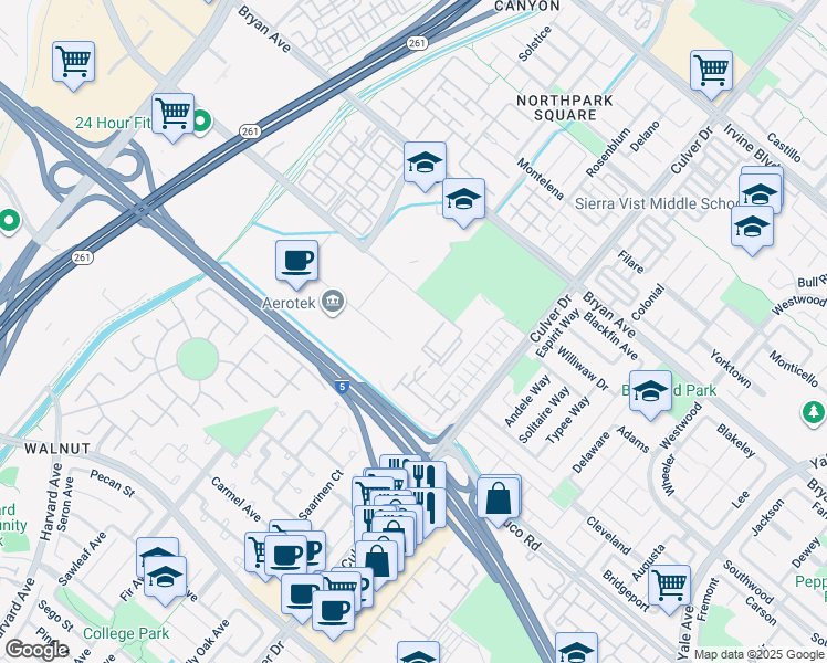 map of restaurants, bars, coffee shops, grocery stores, and more near 420 Exchange in Irvine