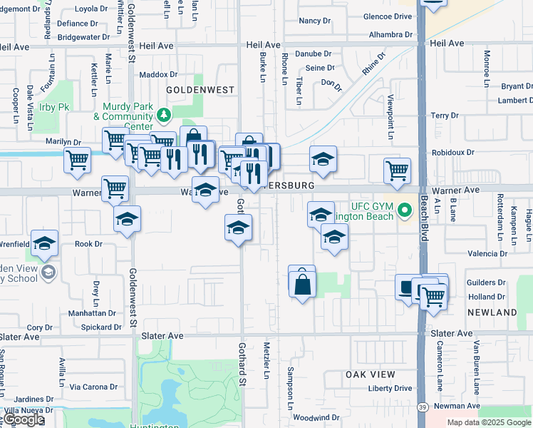 map of restaurants, bars, coffee shops, grocery stores, and more near 17065-17121 Palmdale Ln in Huntington Beach