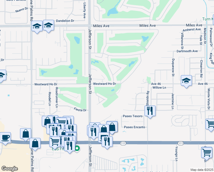 map of restaurants, bars, coffee shops, grocery stores, and more near 80205 Westward Ho Drive in La Quinta