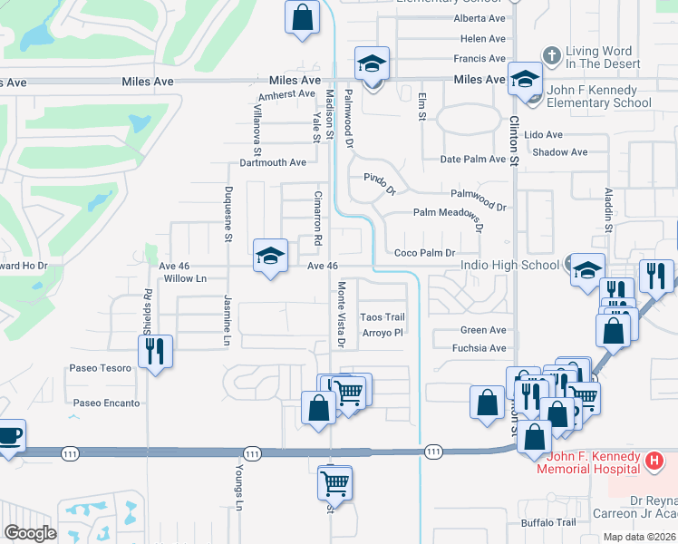 map of restaurants, bars, coffee shops, grocery stores, and more near 46095 Monte Vista Drive in Indio