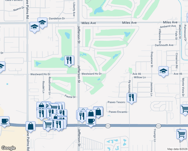 map of restaurants, bars, coffee shops, grocery stores, and more near 80205 Westward Ho Drive in La Quinta