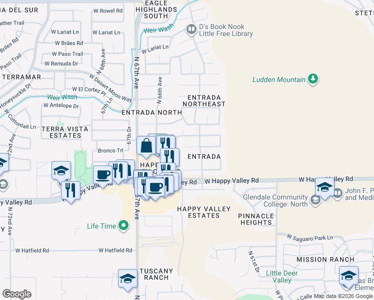 map of restaurants, bars, coffee shops, grocery stores, and more near 6431 West Desert Hollow Drive in Phoenix