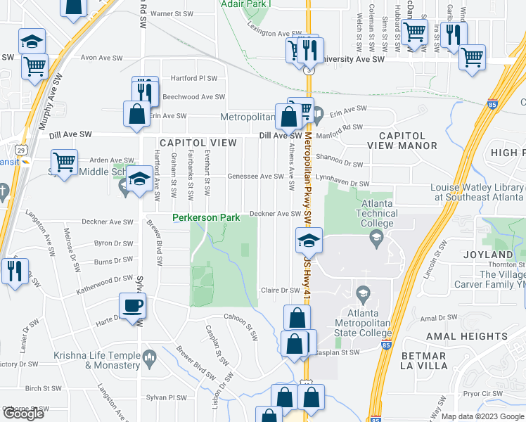 map of restaurants, bars, coffee shops, grocery stores, and more near 1480 Beatie Avenue Southwest in Atlanta
