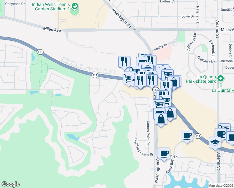 map of restaurants, bars, coffee shops, grocery stores, and more near 78275 Monte Sereno Circle in Indian Wells