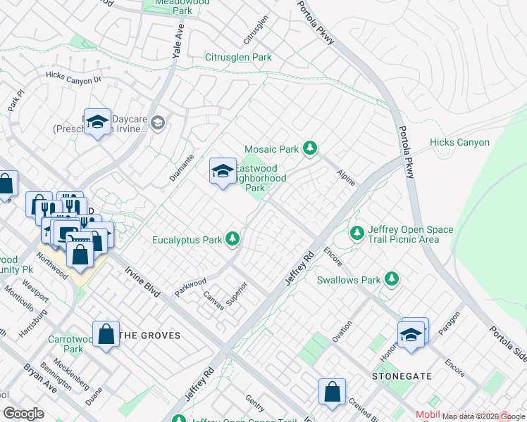 map of restaurants, bars, coffee shops, grocery stores, and more near 110 Parkwood in Irvine