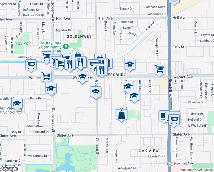 map of restaurants, bars, coffee shops, grocery stores, and more near 17066 Palmdale Lane in Huntington Beach