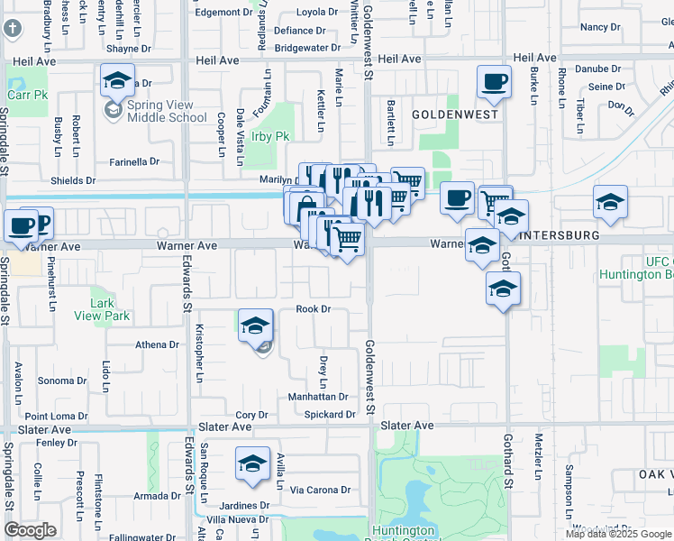 map of restaurants, bars, coffee shops, grocery stores, and more near 6930 Warner Avenue in Huntington Beach
