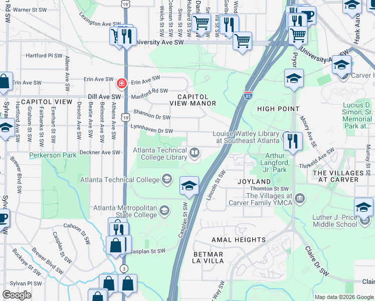 map of restaurants, bars, coffee shops, grocery stores, and more near 452 Deckner Avenue Southwest in Atlanta