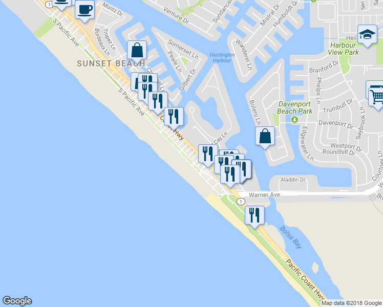 map of restaurants, bars, coffee shops, grocery stores, and more near 17051 6th Street in Huntington Beach