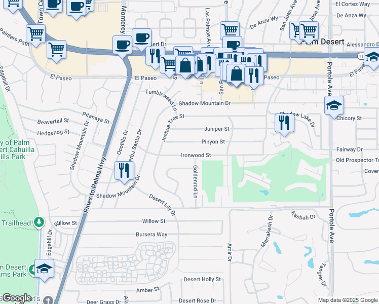 map of restaurants, bars, coffee shops, grocery stores, and more near 73310 Ironwood Street in Palm Desert