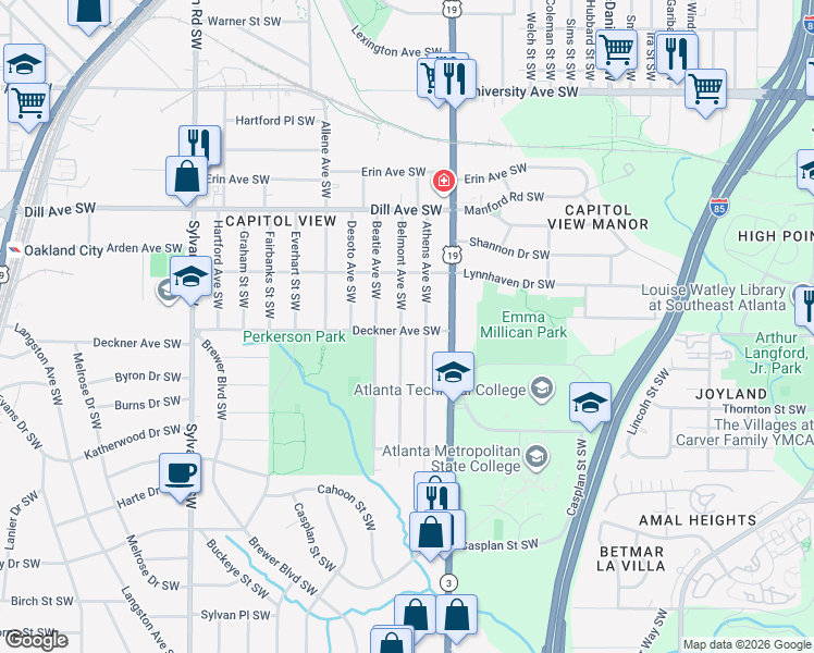 map of restaurants, bars, coffee shops, grocery stores, and more near 1480 Belmont Avenue Southwest in Atlanta