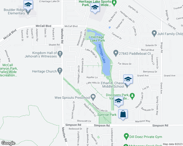 map of restaurants, bars, coffee shops, grocery stores, and more near 27975 Hide Away Court in Menifee