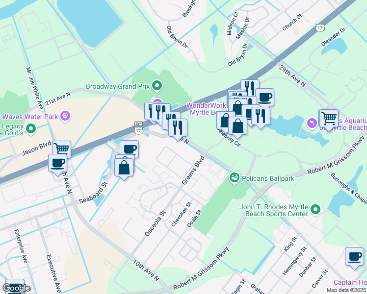 map of restaurants, bars, coffee shops, grocery stores, and more near 1561 21st Avenue North in Myrtle Beach