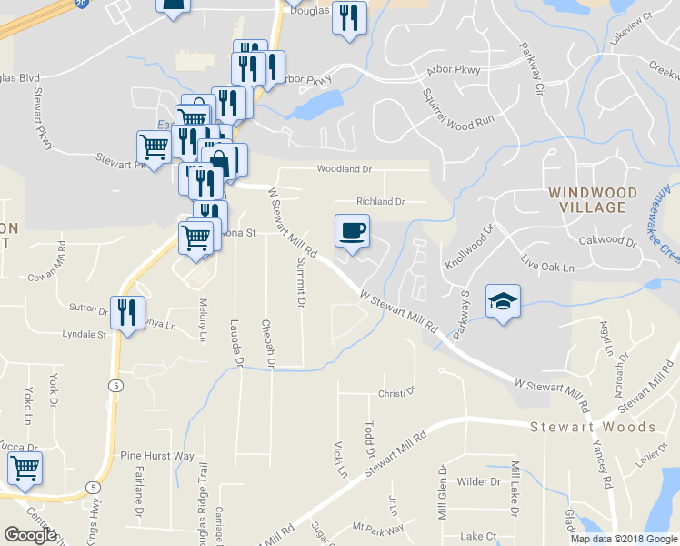 map of restaurants, bars, coffee shops, grocery stores, and more near 3362 West Stewarts Mill Road in Douglasville