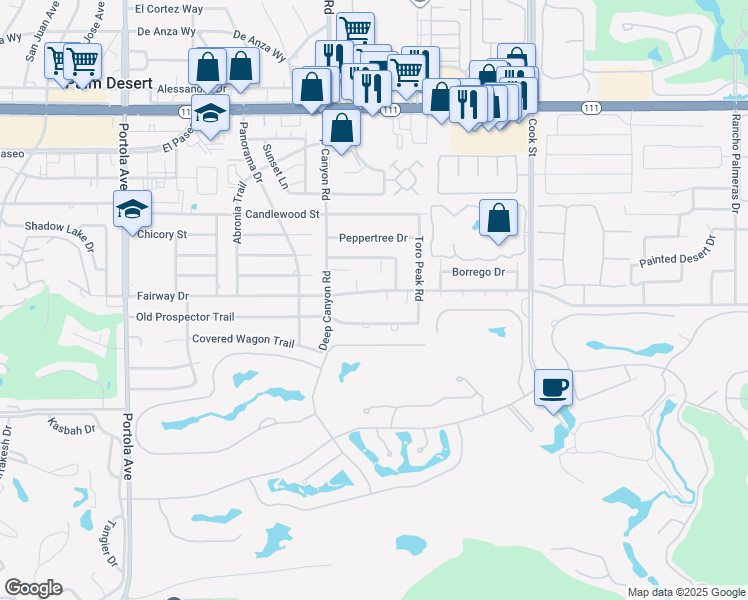 map of restaurants, bars, coffee shops, grocery stores, and more near 74680 Old Prospector Trail in Palm Desert