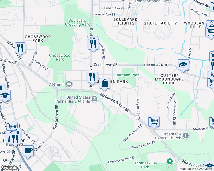 map of restaurants, bars, coffee shops, grocery stores, and more near 645 Federal Terrace Southeast in Atlanta