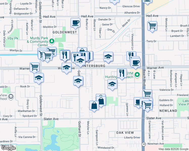 map of restaurants, bars, coffee shops, grocery stores, and more near 7502 Warner Avenue in Huntington Beach