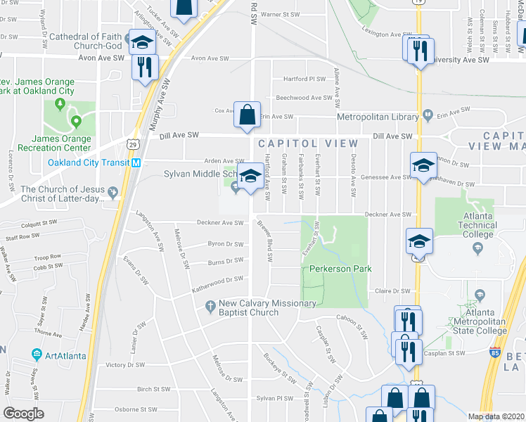 map of restaurants, bars, coffee shops, grocery stores, and more near 1479 Hartford Avenue Southwest in Atlanta