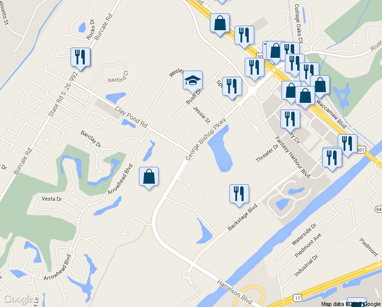 map of restaurants, bars, coffee shops, grocery stores, and more near 3687 Claypond Road in Myrtle Beach