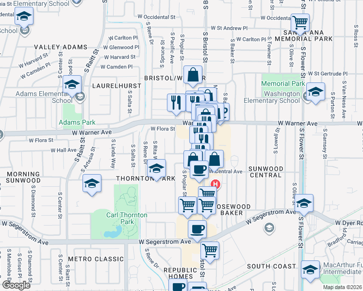 map of restaurants, bars, coffee shops, grocery stores, and more near 2414 South Poplar Street in Santa Ana