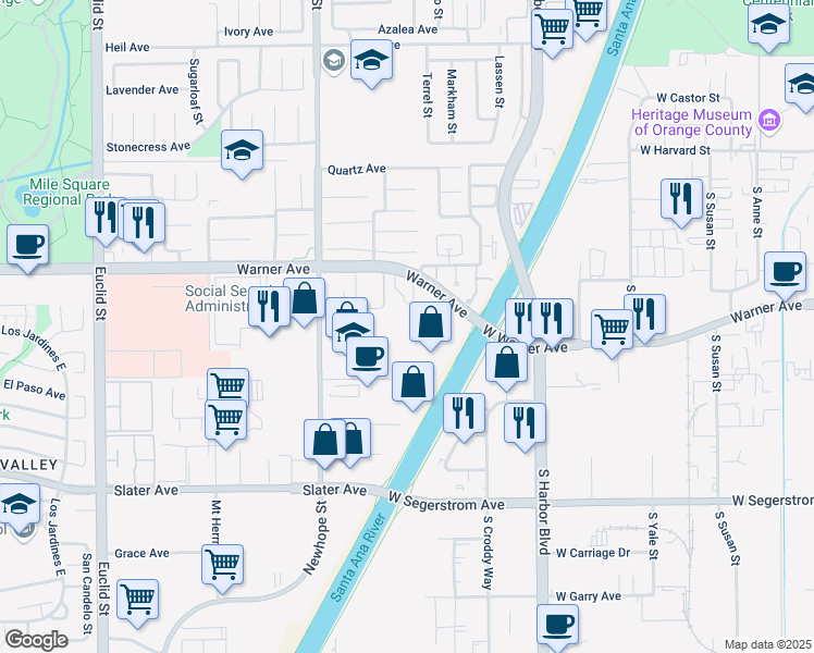 map of restaurants, bars, coffee shops, grocery stores, and more near 17210 Newhope Street in Fountain Valley
