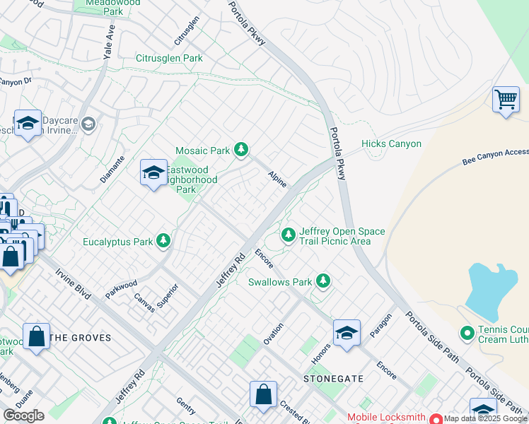 map of restaurants, bars, coffee shops, grocery stores, and more near 54 Quentin in Irvine