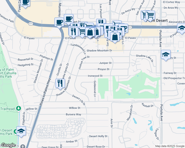 map of restaurants, bars, coffee shops, grocery stores, and more near 73310 Ironwood Street in Palm Desert