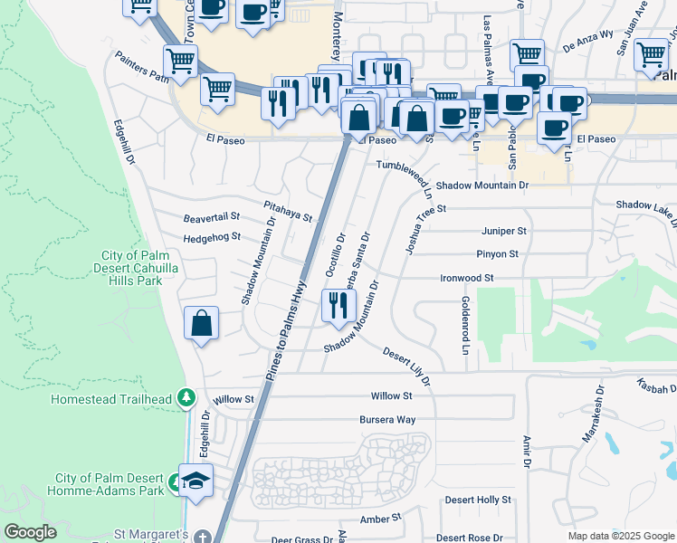 map of restaurants, bars, coffee shops, grocery stores, and more near 46039 Verba Santa Drive in Palm Desert
